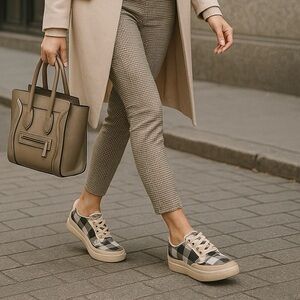 Zodiac Cheezburger Plaid Lace-Up Sneakers Women’s Size 8M Black White Tan NWB